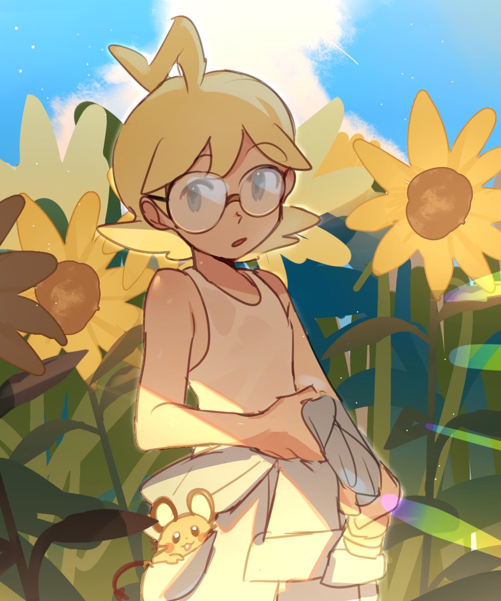1boy :o ahoge bare_arms blonde_hair clemont_(pokemon) clouds commentary_request day dedenne flower glasses grey_eyes highres jumpsuit jumpsuit_around_waist male_focus open_mouth outdoors pokemon pokemon_(creature) pokemon_xy round_eyewear shirt sky suikaels sunflower tank_top white_shirt