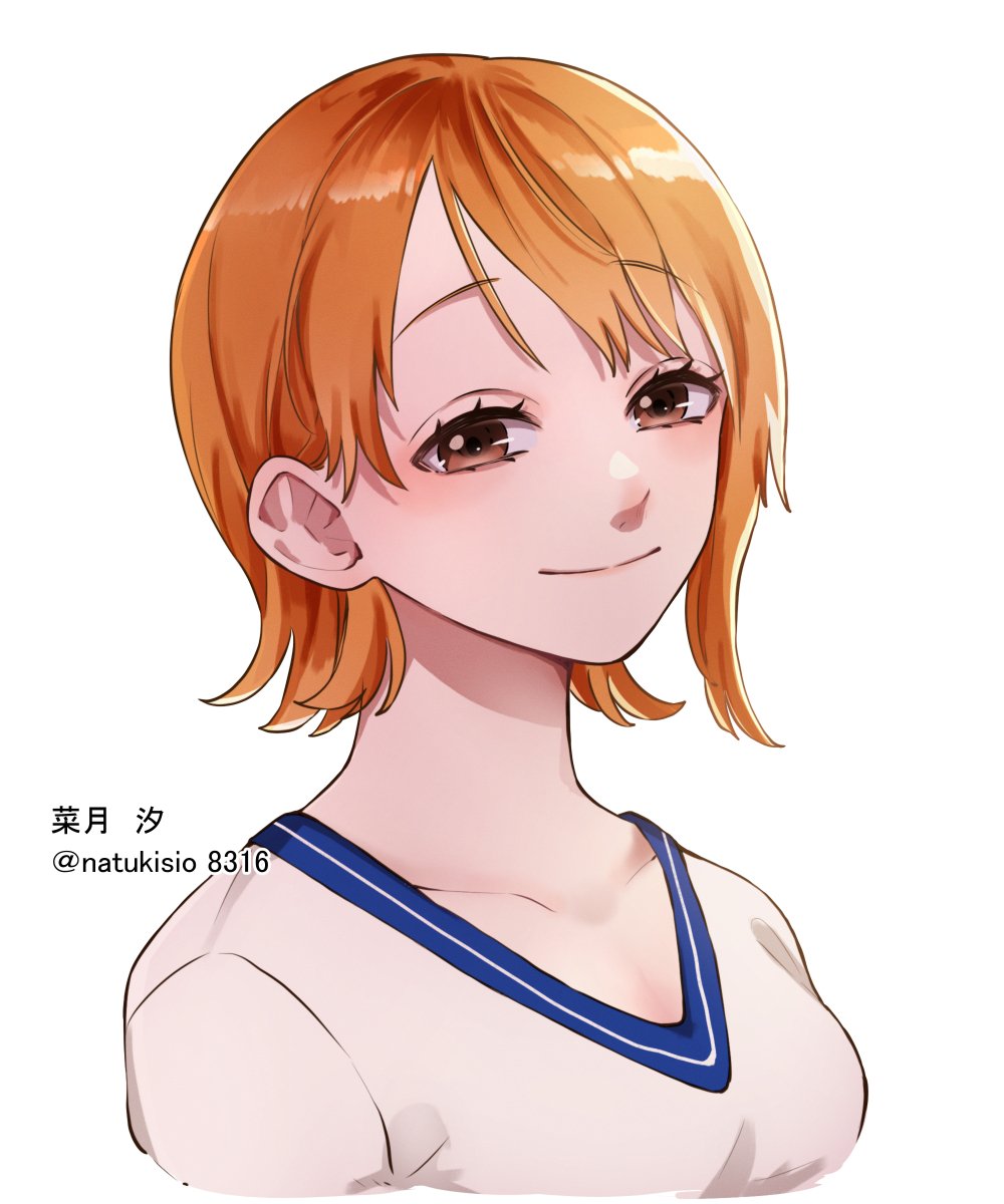 1girl artist_name closed_mouth commentary_request highres looking_at_viewer nami_(one_piece) natsuki_shio one_piece orange_hair shirt short_hair simple_background smile solo translation_request white_background
