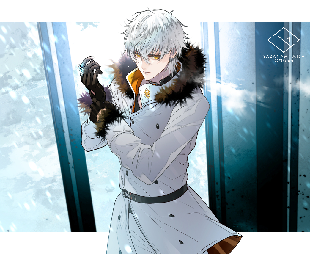 1boy artist_name black_gloves closed_mouth coat cowboy_shot earrings fate/grand_order fate_(series) fur-trimmed_coat fur_trim gloves jewelry kadoc_zemlupus letterboxed long_sleeves looking_at_viewer male_focus outside_border sazanami_misa serious snow solo white_coat white_hair yellow_eyes