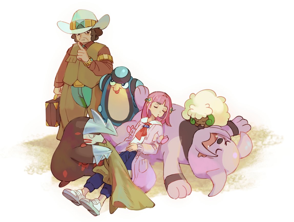 1boy 1girl blue_pants briefcase brown_shirt brown_vest buttons clay_(pokemon) closed_eyes closed_mouth excadrill granbull green_pants hair_ornament hairclip hat huan_li index_finger_raised lacey_(pokemon) long_sleeves looking_down lying palpitoad pants pink_hair pokemon pokemon_(creature) pokemon_bw pokemon_sv shirt shoes sleeping standing vest watch watch whimsicott white_shirt