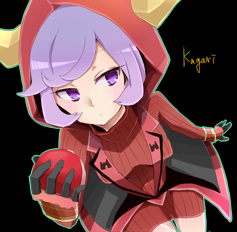 1girl black_background black_gloves breasts character_name courtney_(pokemon) cowlick dress fake_horns gloves holding holding_poke_ball hood hood_up hooded_vest hoodie horned_headwear horned_hood horns long_sleeves lowres medium_breasts pananaco poke_ball poke_ball_(basic) pokemon pokemon_oras purple_hair red_dress red_hood red_sweater ribbed_dress ribbed_sweater short_dress short_hair solo sweater swept_bangs team_magma vest violet_eyes