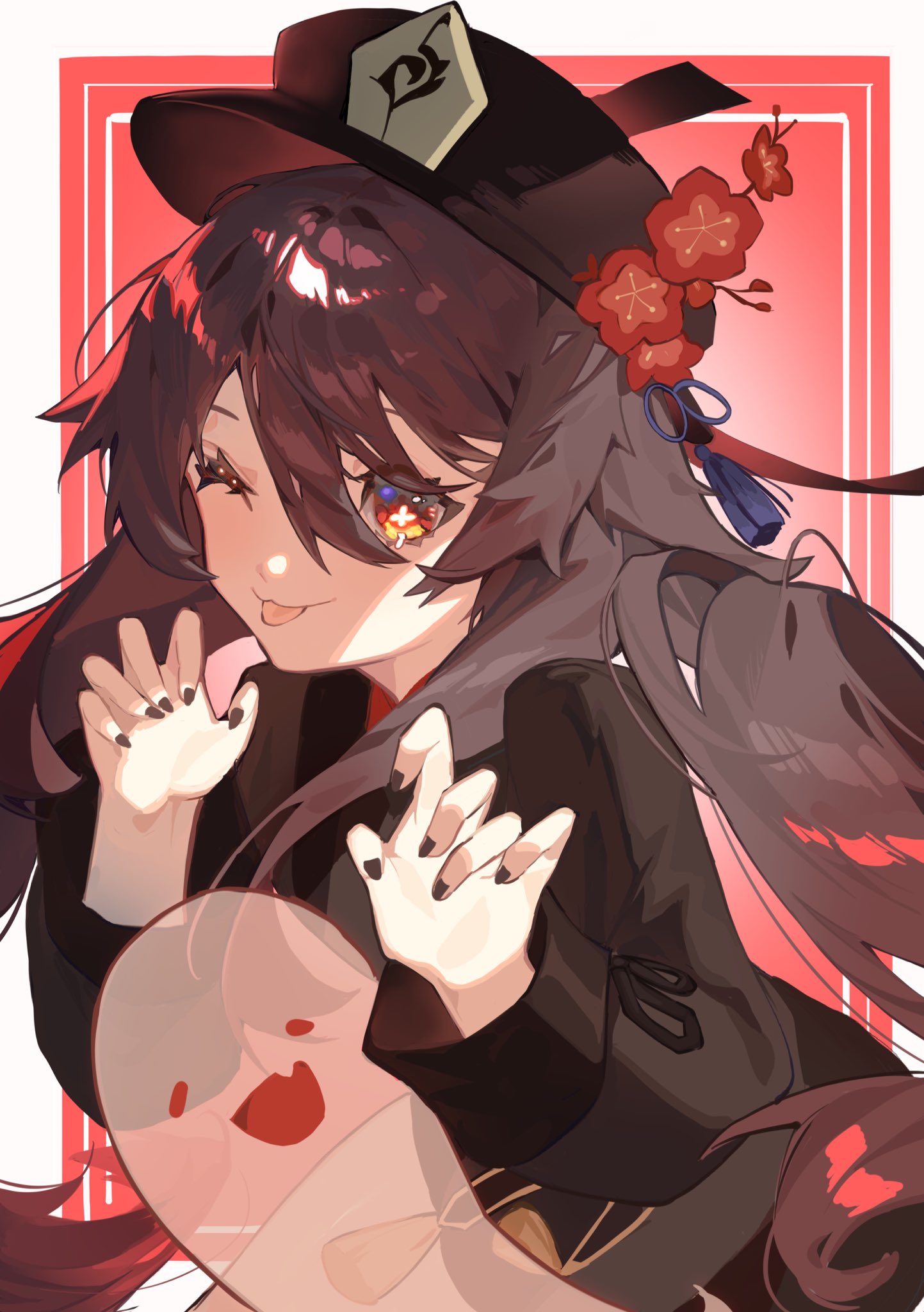 1girl :p black_nails boo_tao_(genshin_impact) brown_hair chinese_clothes floating_hair flower flower-shaped_pupils genshin_impact ghost ghost_pose hair_between_eyes hat hat_flower hat_tassel highres hu_tao_(genshin_impact) long_hair looking_at_viewer one_eye_closed palwoli1 plum_blossoms porkpie_hat red_background sidelocks solo symbol-shaped_pupils tongue tongue_out upper_body