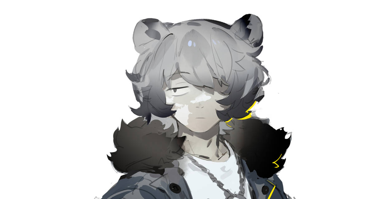 1boy animal_ears arknights bear_boy bear_ears fur-trimmed_jacket fur_trim grey_jacket hair_over_one_eye jacket jaye_(arknights) jewelry looking_to_the_side male_focus necklace one_eye_covered pptsy vitiligo white_background