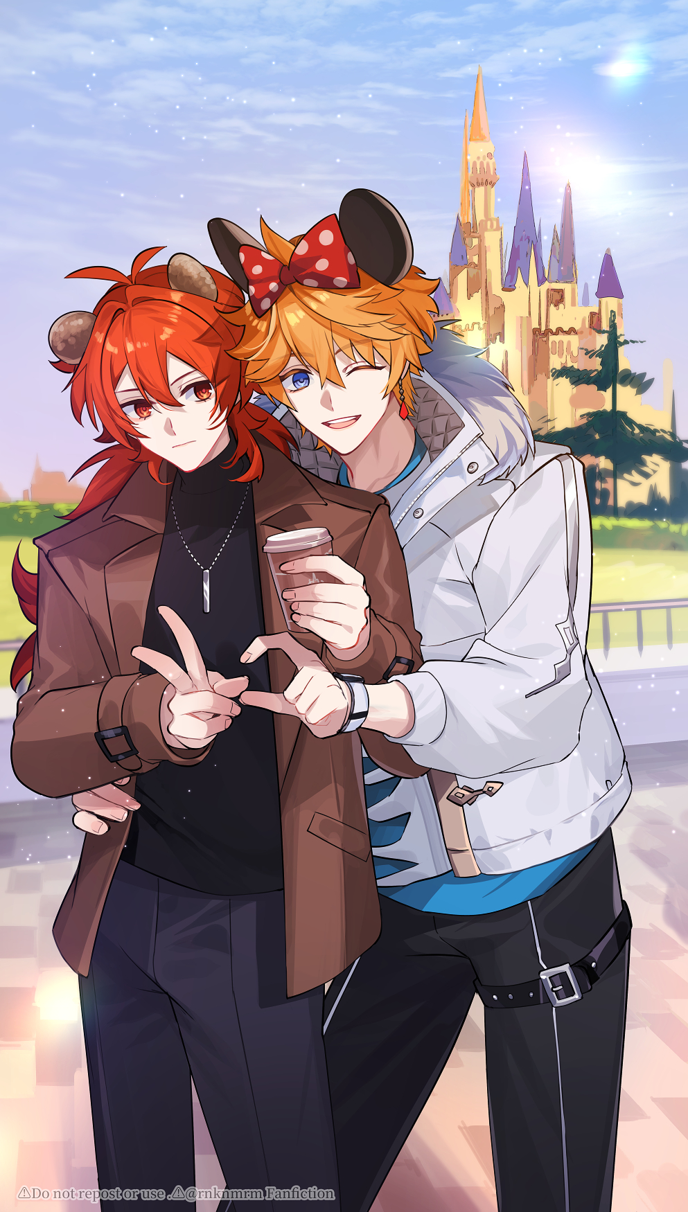 2boys alternate_costume animal_ears black_pants black_shirt blue_eyes bow brown_jacket closed_mouth diluc_(genshin_impact) disneyland earrings fake_animal_ears fur-trimmed_jacket fur_trim genshin_impact hair_between_eyes hair_bow heart_hands_failure highres hiki_yuichi jacket jewelry long_hair long_sleeves male_focus mickey_mouse_ears minnie_mouse_ears multiple_boys necklace one_eye_closed open_mouth orange_hair pants red_bow red_eyes redhead shirt short_hair single_earring smile tartaglia_(genshin_impact) tartaglia_(xiaomi)_(genshin_impact) v white_jacket