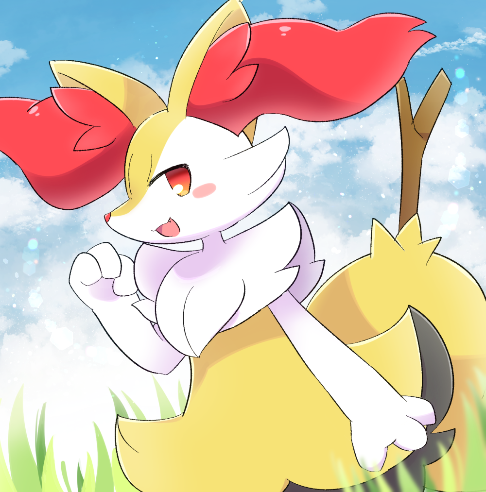 1girl :3 animal_ear_fluff animal_ears animal_hands animal_nose arm_at_side black_fur blue_sky blush blush_stickers body_fur braixen clouds commentary day fang flat_chest fox_ears fox_girl fox_tail grass hand_up happy lens_flare looking_at_viewer multicolored_fur neck_fur open_mouth outdoors pokemon pokemon_(creature) red_eyes sky smile snout solo standing stick tail unimaru_(unimaru9751137) white_fur yellow_fur