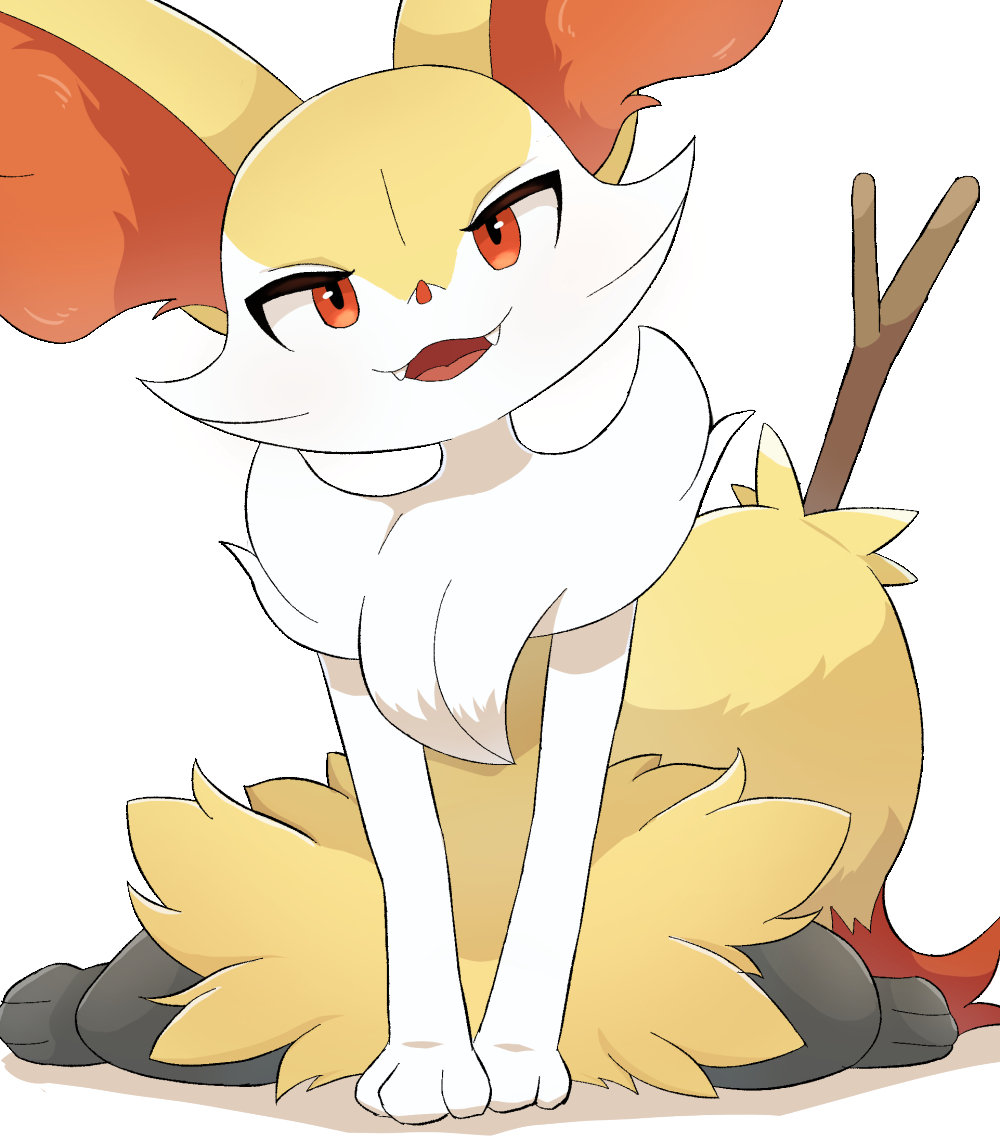 1girl :3 animal_ear_fluff animal_ears animal_feet animal_hands animal_nose black_fur body_fur braixen commentary_request fangs fox_ears fox_girl fox_tail full_body furry furry_female happy head_tilt looking_at_viewer multicolored_fur open_mouth own_hands_together partial_commentary pokemon pokemon_(creature) red_eyes rumine_(yoshi1234567) simple_background sitting smile solo stick tail v_arms wariza white_background white_fur yellow_fur