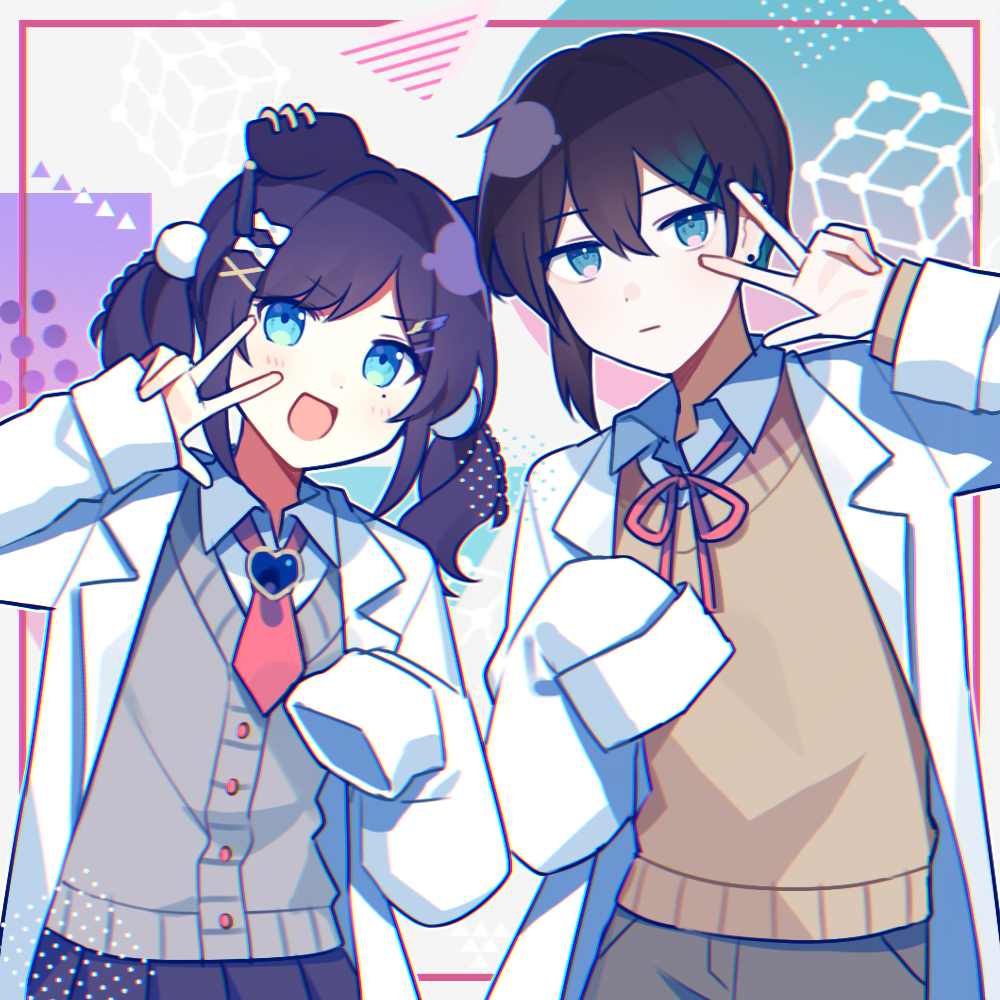 1boy 1girl aiba_uiha animal_ear_piercing animal_ears black_hair blue_eyes blush border bow bowtie brooch cardigan coat collared_shirt commentary_request dog_ears dog_girl frown green_background green_eyes green_hair grey_cardigan jewelry lab_coat looking_at_viewer mayuzumi_kai mole mole_under_eye multicolored_background multicolored_hair necktie nijisanji open_mouth purple_background purple_hair red_bow red_bowtie red_necktie shirt short_hair short_twintails simple_background sleeves_past_fingers sleeves_past_wrists smile streaked_hair sweater sweater_vest twintails virtual_youtuber w waka_(wk4444) white_background white_coat white_shirt yellow_sweater