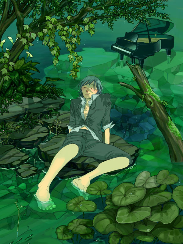 1boy character_request closed_eyes full_body grand_piano green_theme instrument male_focus nature outdoors piano piano_no_mori relaxing renton_(guero) rock sitting sitting_on_rock soaking_feet solo tree tree_shade water