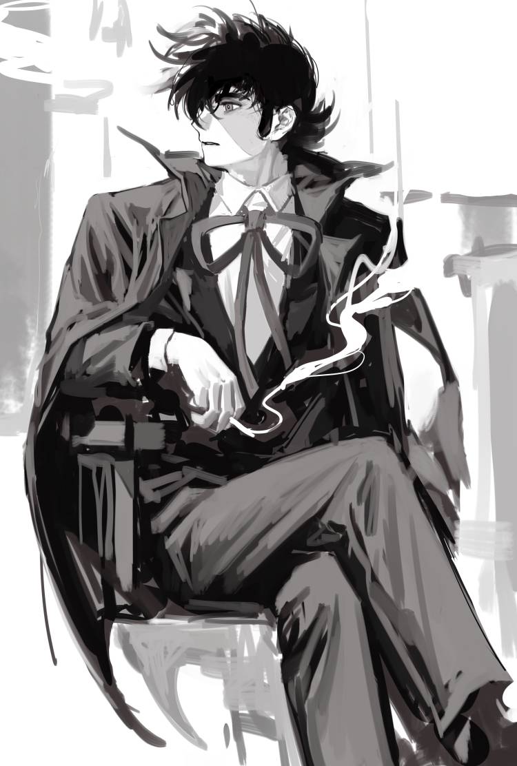 1boy azom_(zmoldman) black_jack_(character) black_jack_(series) cigarette collared_shirt crossed_legs expressionless feet_out_of_frame greyscale hair_over_one_eye holding holding_cigarette long_sideburns looking_to_the_side male_focus monochrome multicolored_hair painterly patchwork_skin scar scar_on_face shirt short_hair sideburns sitting sketch solo split-color_hair suit thick_eyebrows turning_head two-tone_hair white_hair