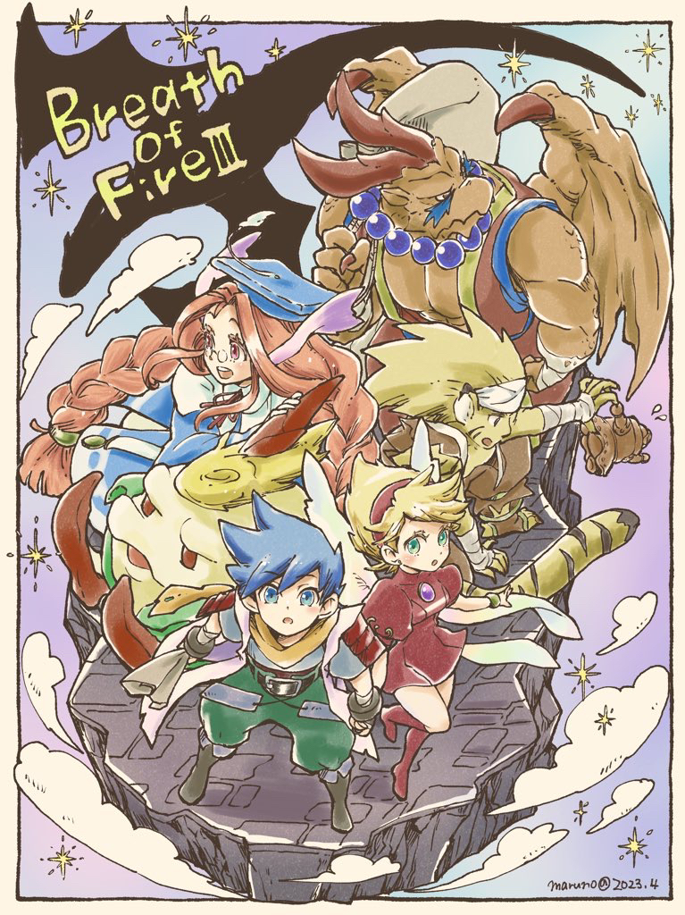 2023 2girls 2others 3boys animal_ears armor artist_name bandaged_arm bandages bandana bead_necklace beads beak belt blonde_hair blue_dress blue_eyes blue_hair blue_headwear braid breastplate breath_of_fire breath_of_fire_iv brown_eyes brown_footwear brown_horns cat_boy cat_ears cat_tail clenched_hand closed_mouth clouds coat colored_skin copyright_name dated dragon dragon_boy dragon_wings dress facial_mark feathered_wings flying_sweatdrops full_body garr glasses green_eyes green_pants hat headband holding holding_sack honey_(breath_of_fire) horns jewelry long_hair looking_at_another looking_at_viewer looking_to_the_side maruno momo_(breath_of_fire) mortarboard multiple_boys multiple_girls multiple_others muscular muscular_male necklace nina_(breath_of_fire_iii) no_shirt open_mouth orange_skin pants parted_lips peco_(breath_of_fire) plant purple_brooch red_dress red_footwear red_headband redhead rei_(breath_of_fire) robot ryuu_(breath_of_fire_iii) sack shadow short_hair single_horn sky smile standing star_(symbol) striped tail tassel teeth toeless_footwear twin_braids upper_teeth_only very_long_hair vest white_coat wings