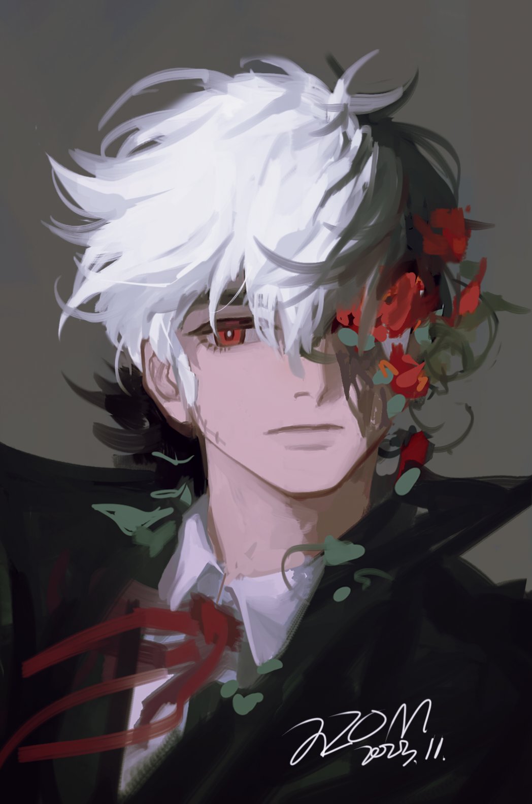 1boy azom_(zmoldman) black_hair black_jack_(character) black_jack_(series) collared_shirt expressionless flower hair_over_one_eye highres long_sideburns looking_ahead male_focus multicolored_hair painterly patchwork_skin portrait red_eyes red_flower scar scar_on_face shirt short_hair sideburns sketch solo split-color_hair thick_eyebrows two-tone_hair white_hair