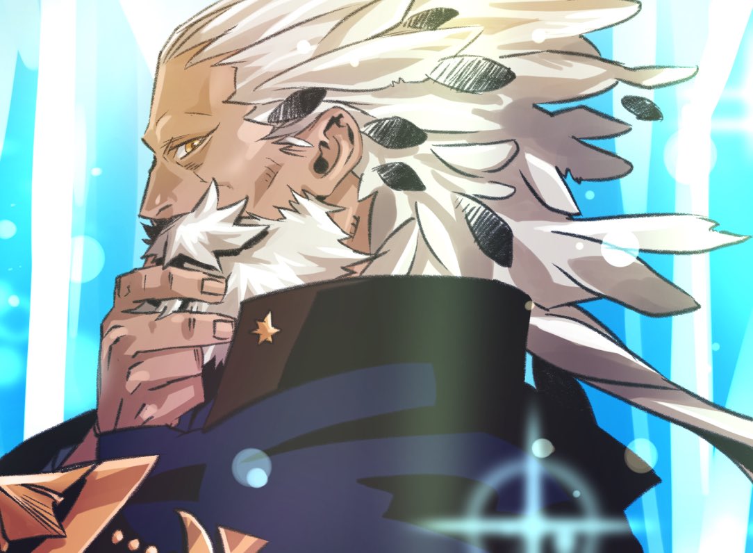 1boy beard blue_cloak cloak commentary_request facial_hair fate/grand_order fate_(series) from_side hand_on_own_chin looking_at_viewer male_focus mustache no_eyebrows old old_man profile ptolemy_(fate) ryuuki_garyuu sparkle star_(symbol) upper_body white_hair wrinkled_skin yellow_eyes