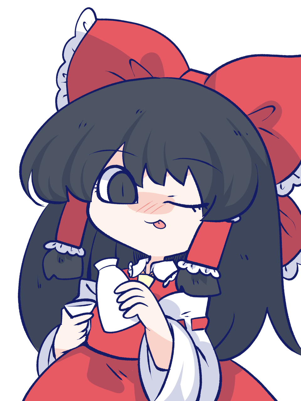 1girl ascot black_eyes black_hair blush bottle bow chahan_(fried_rice0614) chibi choko_(cup) collared_shirt cup detached_sleeves drunk frilled_bow frilled_hair_tubes frilled_shirt_collar frills hair_bow hair_tubes hakurei_reimu hands_up highres holding holding_bottle holding_cup long_hair nose_blush one_eye_closed red_bow red_ribbon red_shirt red_skirt ribbon ribbon-trimmed_sleeves ribbon_trim sake_bottle shirt simple_background skirt sleeveless sleeveless_shirt solo touhou upper_body white_background white_sleeves yellow_ascot