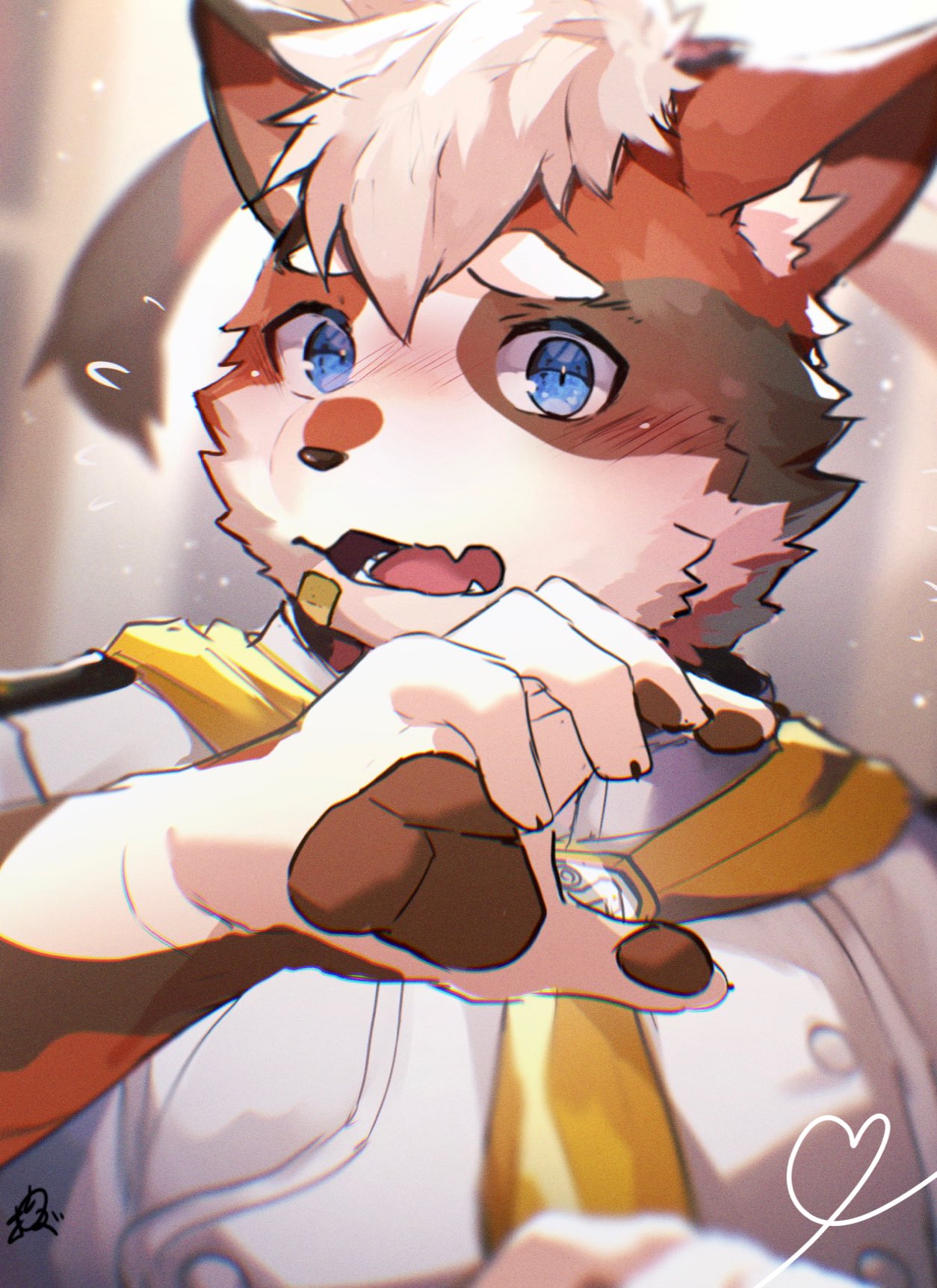 1boy animal_ears bandaid bandaid_on_face blue_eyes blush cat_boy cat_ears claws commentary_request crave_saga embarrassed flying_sweatdrops furry furry_male highres looking_at_viewer mageiro_(crave_saga) male_focus nose_blush pawpads ponzu_tas upper_body white_hair