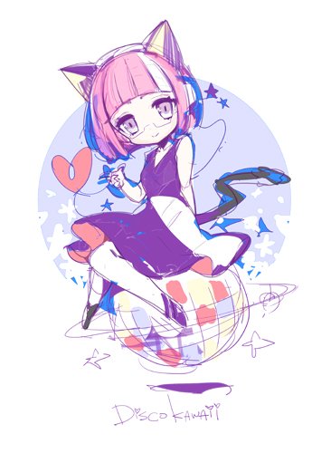 1girl animal_ears ankle_socks bare_arms bare_shoulders black_dress black_footwear blue_headphones blunt_bangs blunt_ends boots cable cat_ears cat_girl cat_tail character_request chibi circle closed_mouth commentary_request disco_ball dress eyelashes glasses hairband heart kijimoto_yuuhi looking_at_viewer lowres multicolored_hair pink_hair planetary_ring red_dress shadow short_dress short_hair simple_background single_sock sitting sketch sleeveless sleeveless_dress smile socks solo song_name sound_voltex star_(symbol) streaked_hair tail two-sided_dress two-sided_fabric v-neck violet_eyes white_background white_hair white_hairband white_socks