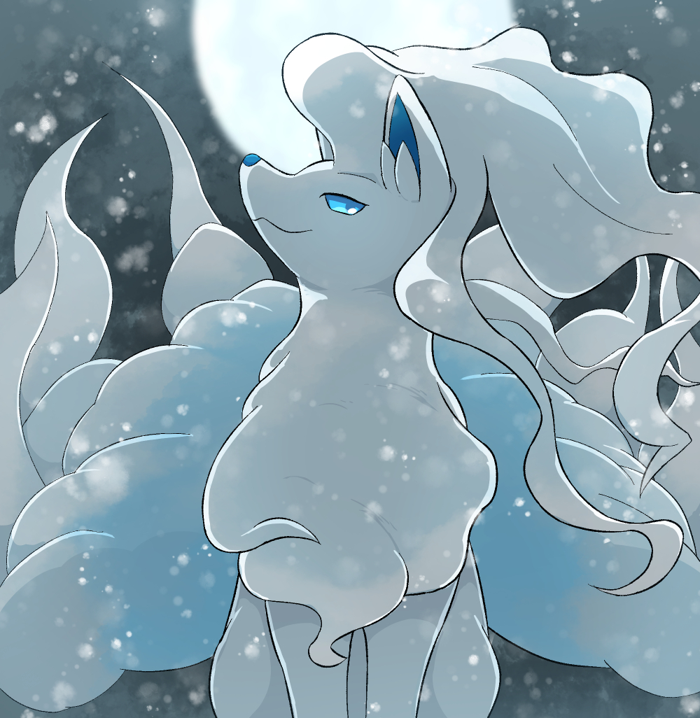 alolan_ninetales blue_eyes closed_mouth commentary_request from_below looking_down moon night no_humans outdoors pokemon pokemon_(creature) rumine_(yoshi1234567) sky smile solo