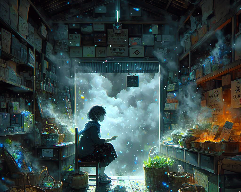 1girl barrel basket blue_scarf bucket chair clouds crate fire food fragmentedblue holding indoors light light_particles original scarf scenery shelf shoes short_hair sign sitting smoke sneakers white_footwear wooden_bucket wooden_floor
