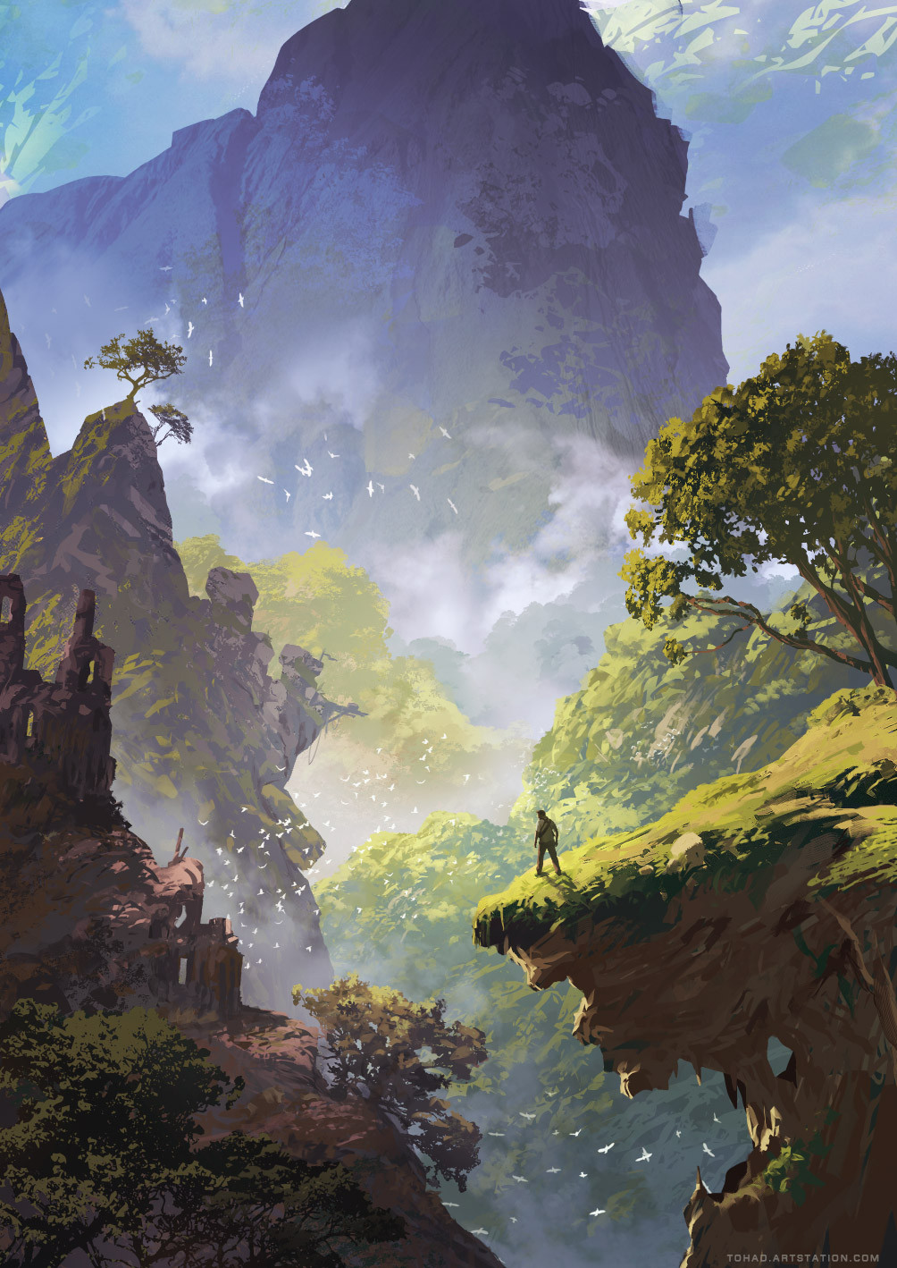 1boy above_clouds artist_name artstation_username cliff clouds commentary day english_commentary grass highres landscape mountain original outdoors scenery simple_bird solo sylvain_sarrailh tree very_wide_shot