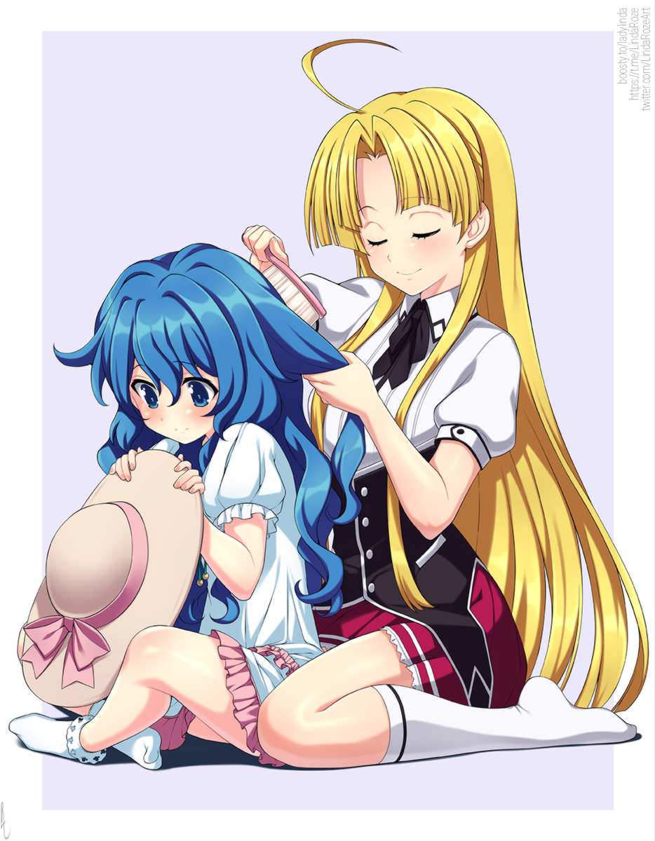 2girls asia_argento blonde_hair blue_eyes blue_hair brown_headwear brushing_another's_hair brushing_hair closed_eyes closed_mouth collared_shirt commentary_request crossover date_a_live dress frilled_dress frills hair_between_eyes hair_brush hat high_school_dxd highres holding holding_clothes holding_hat lindaroze long_hair multiple_girls no_shoes parted_bangs pleated_skirt puffy_short_sleeves puffy_sleeves purple_background purple_skirt shirt short_sleeves skirt socks two-tone_background unworn_hat unworn_headwear very_long_hair watermark web_address white_background white_dress white_shirt white_socks yoshino_(date_a_live)