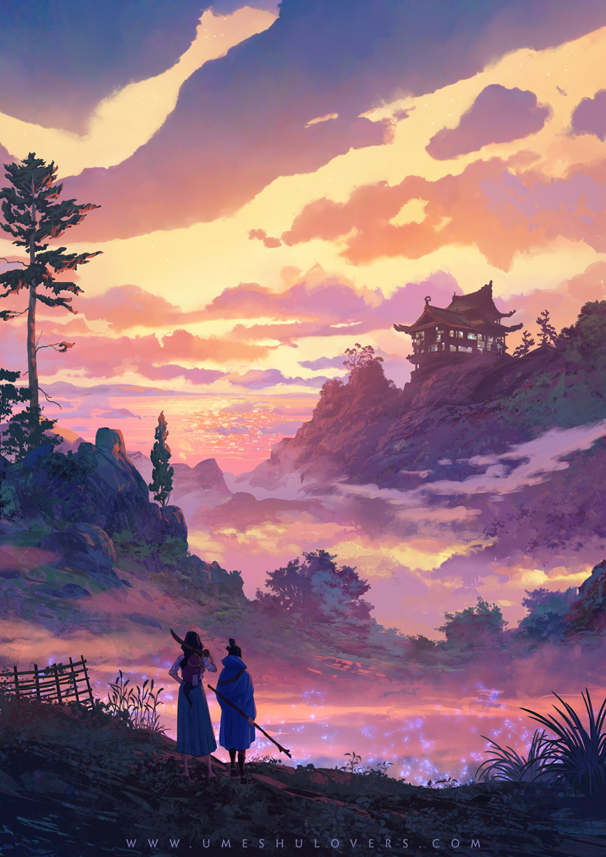 1boy 1girl above_clouds architecture black_hair blue_robe building clouds commentary east_asian_architecture english_commentary facing_away from_behind gradient_sky grass highres holding holding_staff holding_sword holding_weapon horizon landscape ocean orange_clouds orange_sky original outdoors pagoda robe rock scenery sky staff standing sunset sword sylvain_sarrailh very_wide_shot water weapon