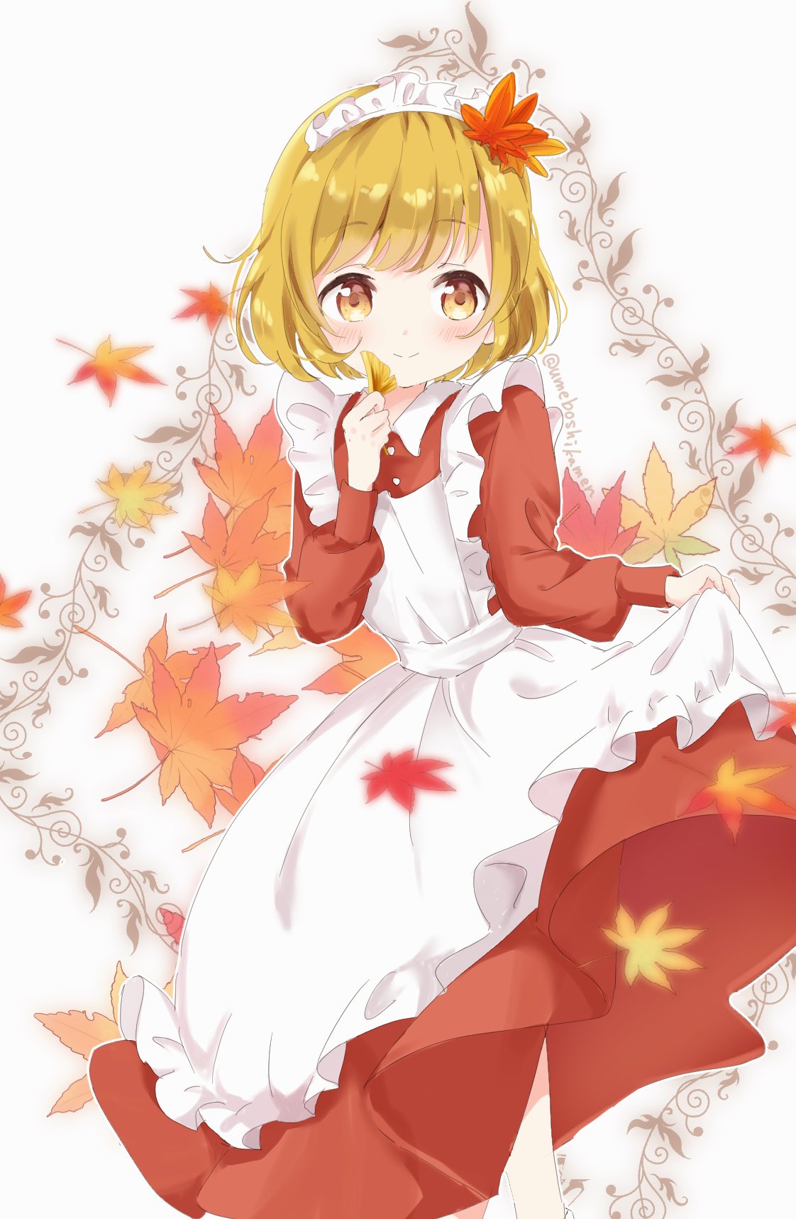 1girl aki_shizuha alternate_costume apron autumn_leaves blonde_hair blush buttons closed_mouth collared_dress commentary_request commission dress enmaided feet_out_of_frame frilled_apron frills hair_ornament hand_up highres holding leaf leaf_hair_ornament long_sleeves maid maid_apron maid_headdress mearian orange_dress outline short_hair skeb_commission skirt_hold smile solo split_mouth touhou twitter_username white_apron white_outline yellow_eyes