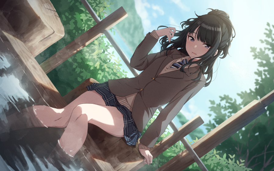 1girl amochin arm_support ashiyu black_hair blue_necktie blue_skirt blue_sky blurry blurry_background blush breasts brown_cardigan brown_jacket bush cardigan clouds day dot_nose dutch_angle hand_up idolmaster idolmaster_shiny_colors jacket kazano_hiori long_hair long_sleeves looking_at_viewer mole mole_under_mouth mountain necktie onsen parted_lips plaid plaid_skirt pleated_skirt ponytail school_uniform shirt skirt sky small_breasts smile soaking_feet solo steam striped_necktie tree violet_eyes water white_shirt
