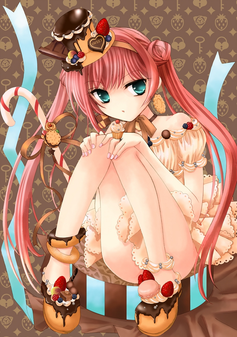 aqua_eyes bare_shoulders blueberry bow candy candy_cane checkerboard_cookie chocolate chocolate_bar choker cookie cupcake double_bun doughnut dress earrings food food_themed_clothes fruit heart houjou_yutori icing jewelry key macaron original pink_hair raspberry ribbon ring solo star strawberry sweets twintails