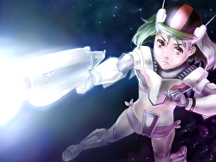 battle bob_cut cosplay firing green_hair gunpod macross macross_frontier macross_frontier:_itsuwari_no_utahime macross_frontier:_the_false_diva mecha mecha_musume muzzle_flash power_suit ranka_lee realistic serious solo space star vf-25 weapon