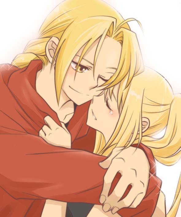 1girl blonde_hair bloom couple edward_elric fullmetal_alchemist happy hug neko_yuuko smile winry_rockbell