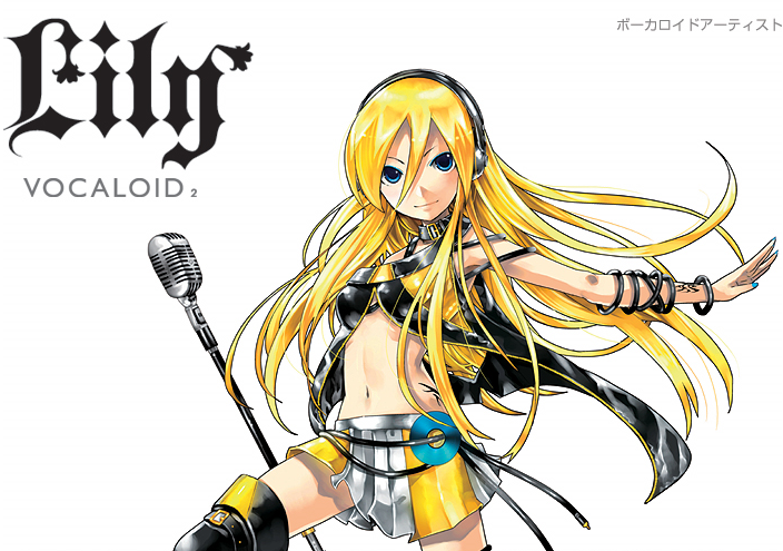 blue_eyes breasts cd collar headphones kei_(artist) lily_(vocaloid) long_hair microphone nail_polish official_art simple_background skirt solo tattoo vocaloid