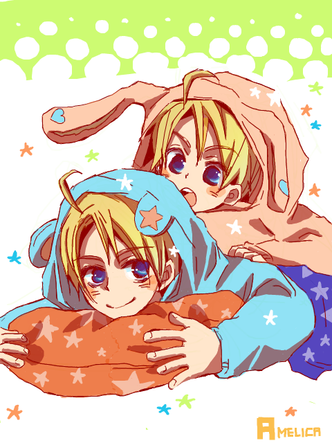 :o ahoge america_(hetalia) animal_costume axis_powers_hetalia bad_id blush cushion dual_persona holding mizunashi_ike multiple_boys no_glasses pillow polka_dot riding smile star tegaki