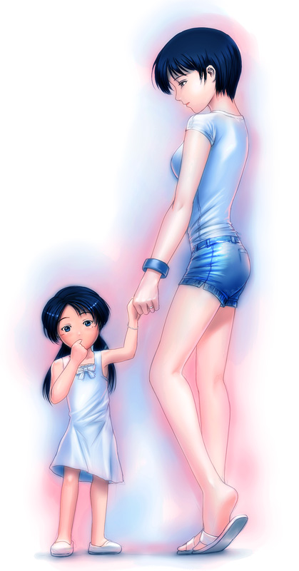 2girls age_difference blue_eyes blue_hair blush bow bracelet child dress finger_in_mouth height_difference holding_hands jewelry mother_and_daughter multiple_girls original ring s_zenith_lee sandals short_hair shorts sundress