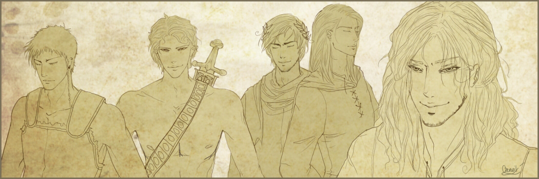 armor axis_powers_hetalia brown cloak czerwik facial_hair germania_(hetalia) laurels long_hair male monochrome multiple_boys original original_character rome_(hetalia) sepia shirtless stubble sword weapon