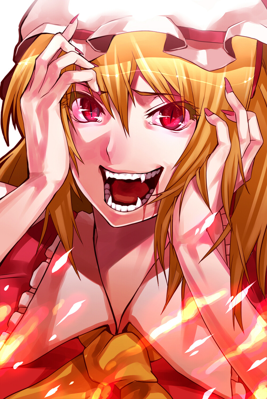 adult bad_id blonde_hair blood colored_eyelashes crazy eyelashes face fangs fingernails flandre_scarlet hands hat long_hair nail_polish nails open_mouth rby_(artist) red_eyes shikihara_mitabi side_ponytail slit_pupils smile solo touhou