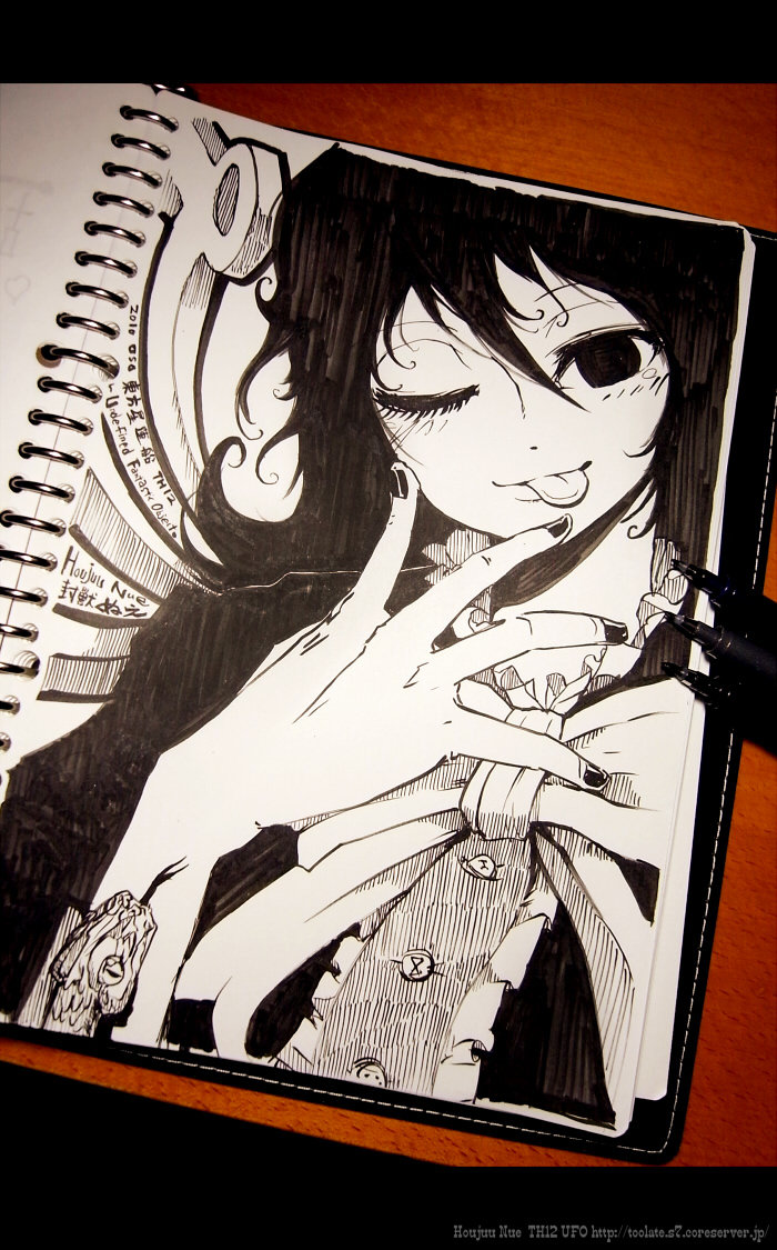 :p houjuu_nue monochrome nail_polish notebook oso oso_(toolate) pen photo short_hair snake solo tongue touhou traditional_media wings wink