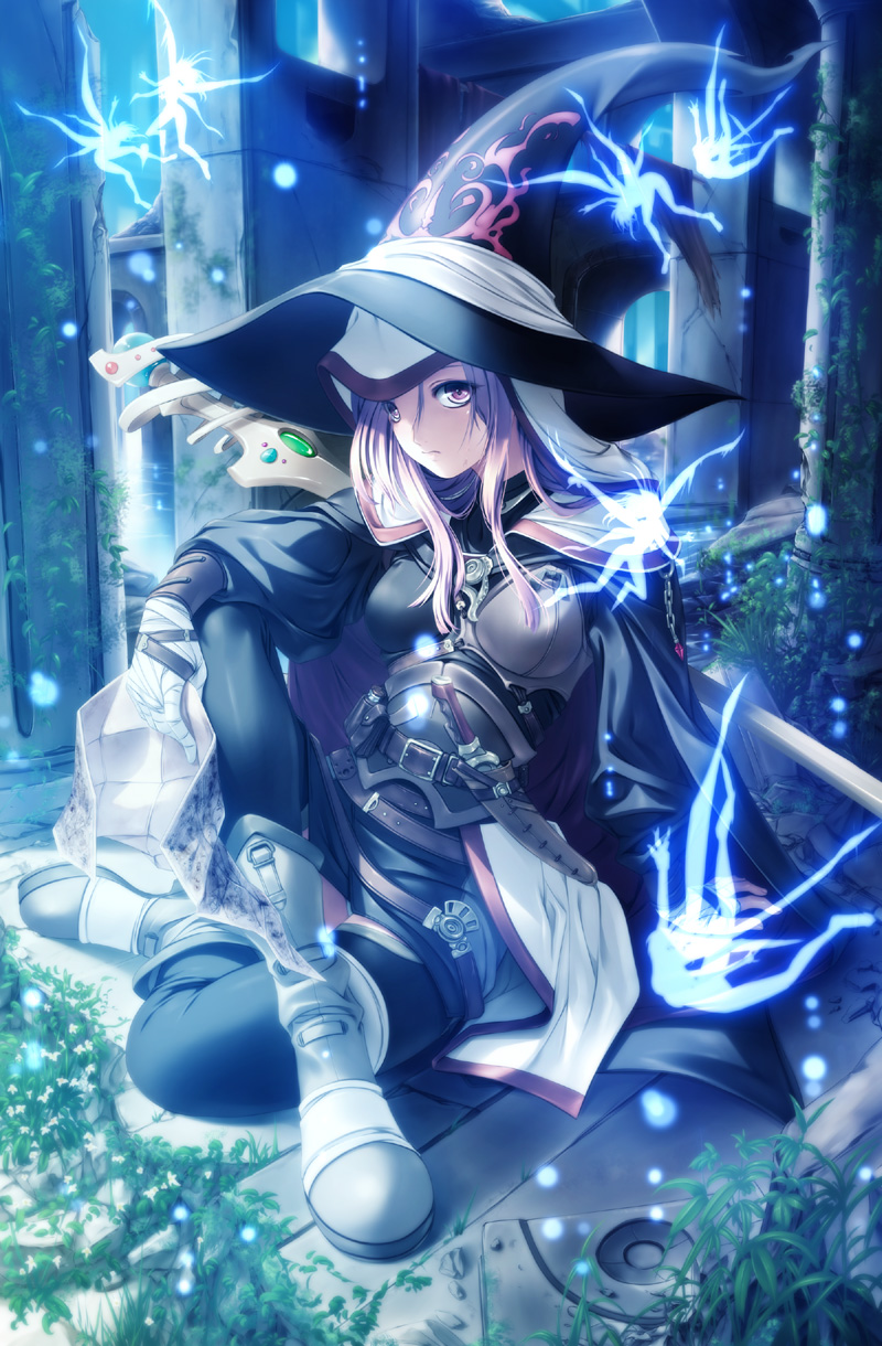 1girl bandages boots cape fairy hat highres knife long_hair original rezi sitting solo sword weapon witch_hat