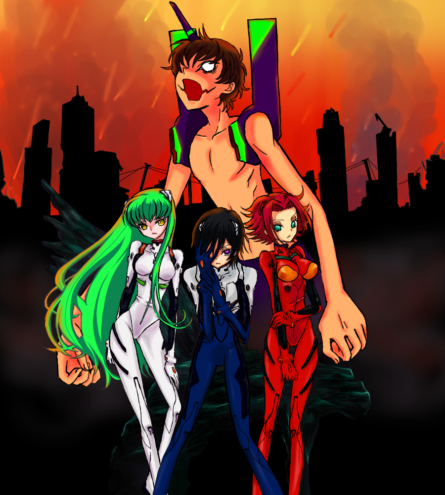 ayanami_rei_(cosplay) buraizero c.c. code_geass cosplay eva_01 glasgow_smile green_hair ikari_shinji ikari_shinji_(cosplay) kallen_stadtfeld kururugi_suzaku lelouch_lamperouge long_hair neon_genesis_evangelion parody plugsuit red_hair redhead souryuu_asuka_langley souryuu_asuka_langley_(cosplay)