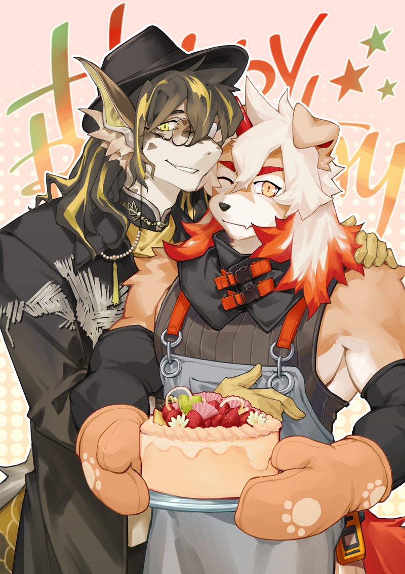 2boys apron arknights black_coat black_headwear cake coat colored_tips commission dragon_boy dragon_ears fins fish_tail food furry furry_male gloves grey_apron hand_on_another's_shoulder hand_on_another's_stomach happy_birthday holding holding_cake holding_food horns hung_(arknights) komainu_boy komainu_ears komainu_tail lee_(arknights) looking_at_viewer male_focus mittens multicolored_hair multiple_boys one_eye_closed orange_mittens oven_mitts round_eyewear single_horn sokimi_(sosojovan) star_(symbol) tail yellow_gloves