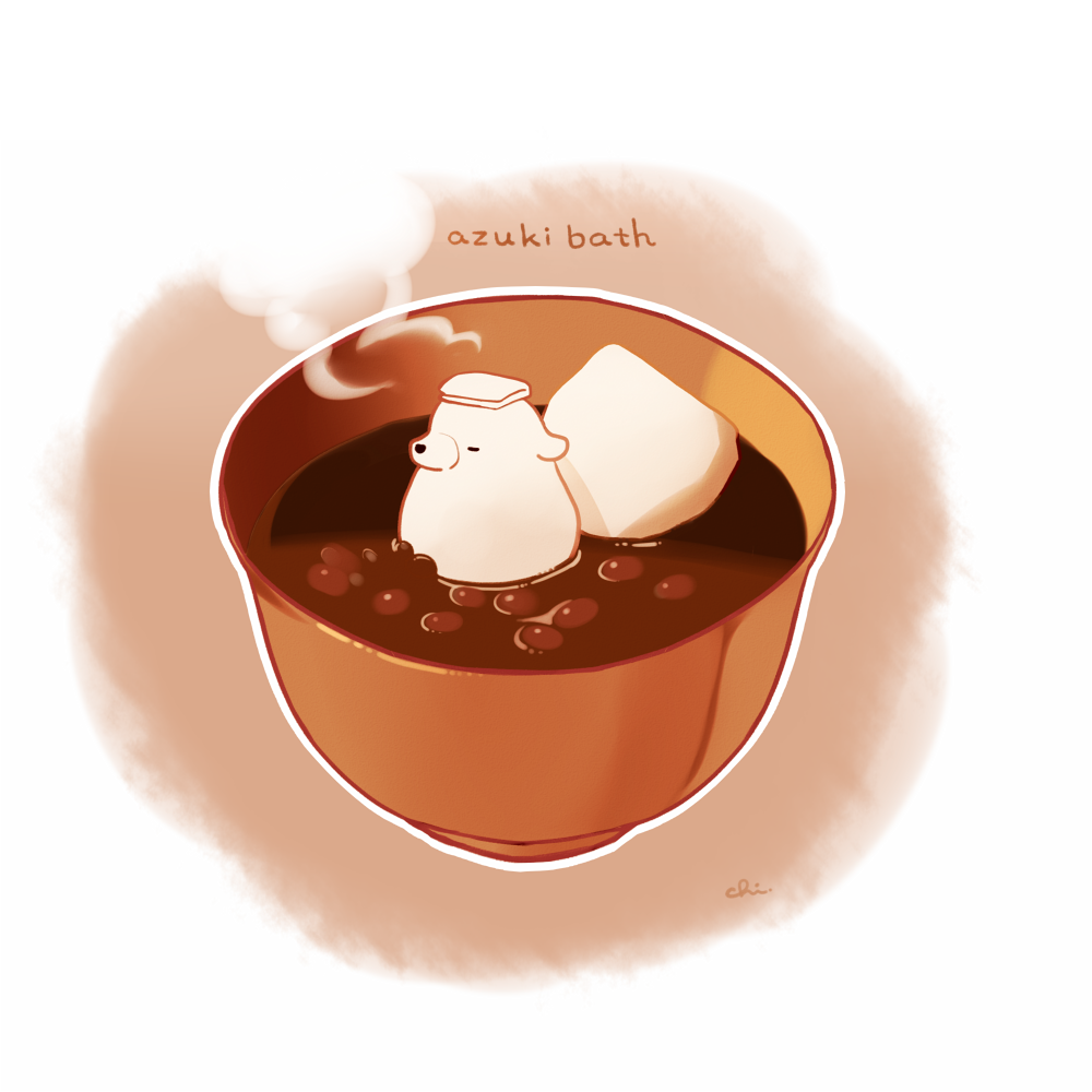animal bear bowl chai_(drawingchisanne) food food_focus in_food mochi no_humans original polar_bear shirokuma-san_(drawingchisanne) shiruko_(food) steam undersized_animal