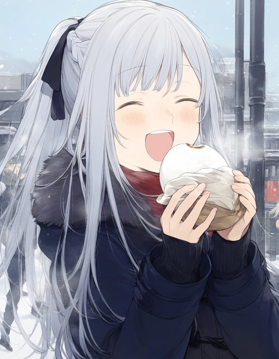 1girl ak-12_(girls'_frontline) braid breath closed_eyes coat eating food french_braid fur-trimmed_coat fur_trim girls_frontline grey_hair kwg long_hair onigiri open_mouth red_scarf rice scarf sidelocks sleeves_past_wrists solo winter