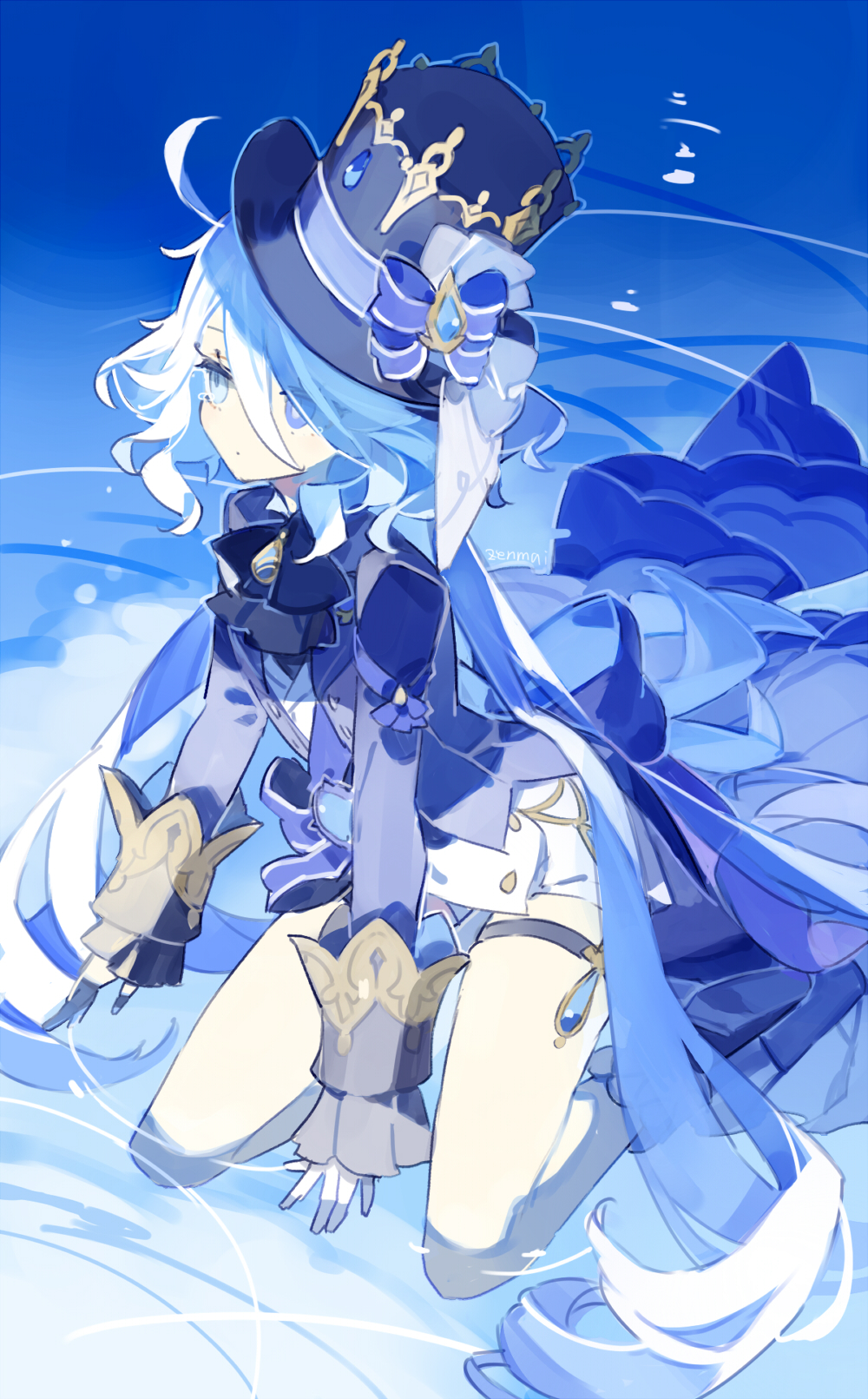 1girl arm_support ascot bare_legs black_ascot black_headwear blue_coat blue_eyes blue_footwear blue_hair blue_ribbon coat coattails cowlick cyenmi3 full_body furina_(genshin_impact) genshin_impact hat hat_ribbon heterochromia highres in_water long_hair long_sleeves looking_to_the_side multicolored_hair ribbon ripples shallow_water shorts sitting sleeves_past_wrists solo streaked_hair thigh_strap top_hat very_long_hair wariza water white_hair white_shorts