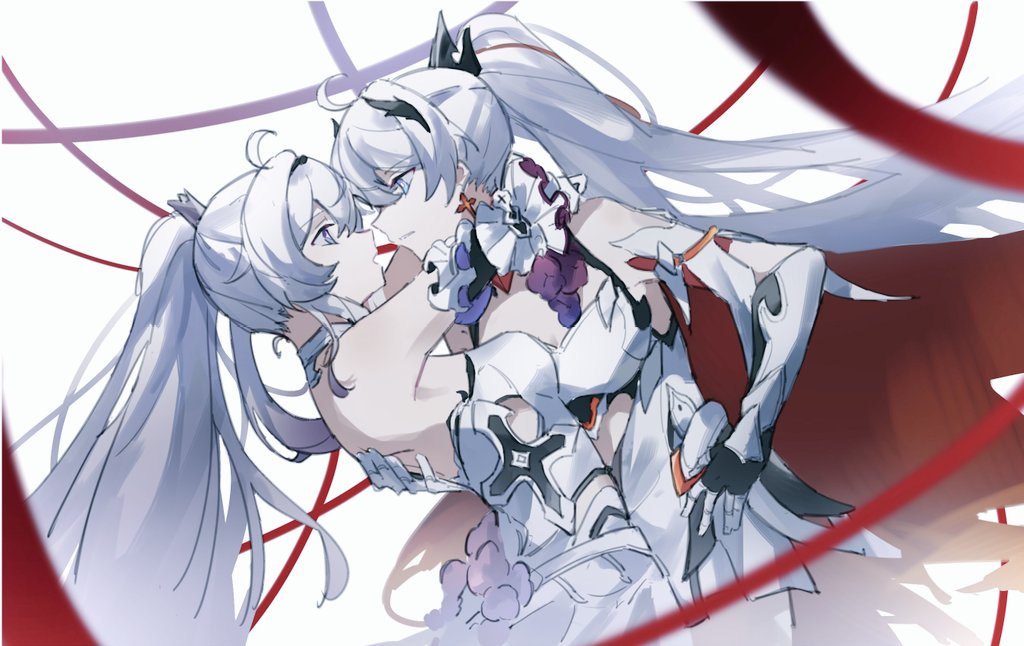 2girls ahoge armor armored_leotard bare_shoulders blue_eyes breasts cape closed_mouth cowboy_shot cross cross_earrings dual_persona earrings elbow_gloves expressionless gauntlets gloves hair_between_eyes hair_ornament high_ponytail honkai_impact_3rd jewelry kiana_kaslana kiana_kaslana_(herrscher_of_flamescion) long_hair looking_at_another multiple_girls open_mouth ponytail selfcest shiying_no_yao standing torn_cape torn_clothes very_long_hair white_hair
