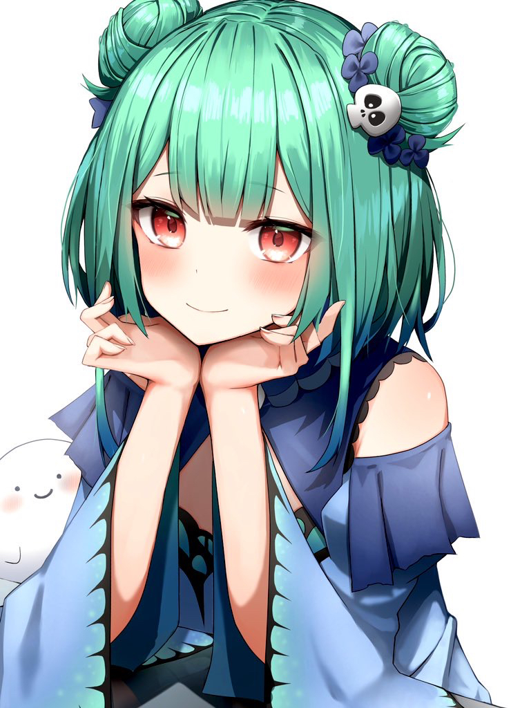 1girl animal_print blue_dress blue_hair blue_sleeves blush butterfly_print closed_mouth commentary_request detached_collar detached_sleeves double_bun dress fandead_(uruha_rushia) frilled_dress frills gradient_hair green_hair hair_bun hair_ornament hair_ribbon hands_on_own_chin head_rest hololive hololive_fantasy long_sleeves looking_at_viewer medium_hair multicolored_hair pepushi_drow red_eyes ribbon sidelocks simple_background skull_hair_ornament smile solo strapless strapless_dress upper_body uruha_rushia uruha_rushia_(1st_costume) virtual_youtuber white_background wide_sleeves