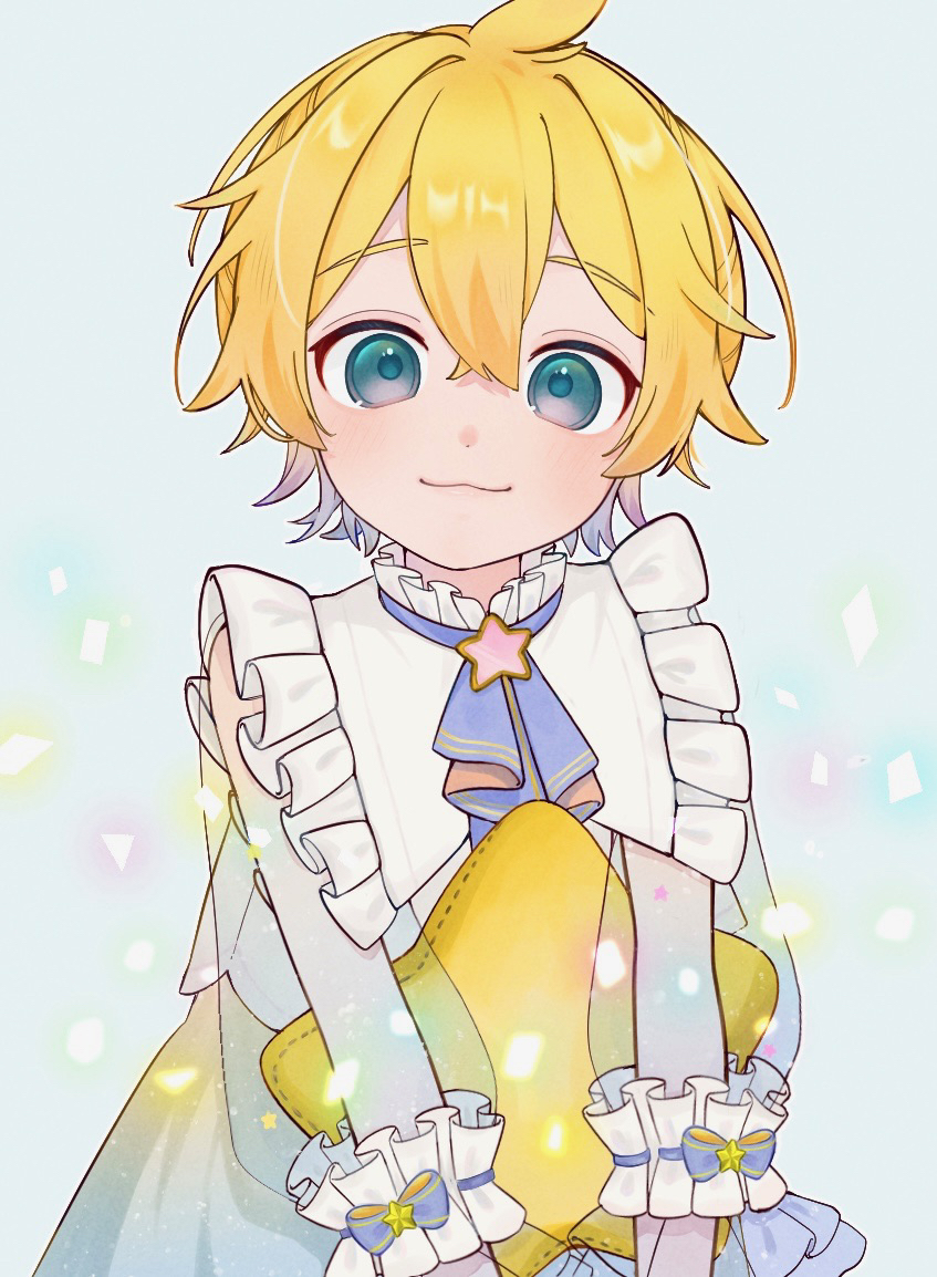 1boy :3 ahoge ascot blonde_hair blue_eyes blush frilled_shirt_collar frills holding holding_pillow kagamine_len long_sleeves looking_at_viewer male_focus pillow project_sekai see-through see-through_sleeves short_hair sleeve_cuffs smile solo star_(symbol) star_pillow vocaloid yusa_popo