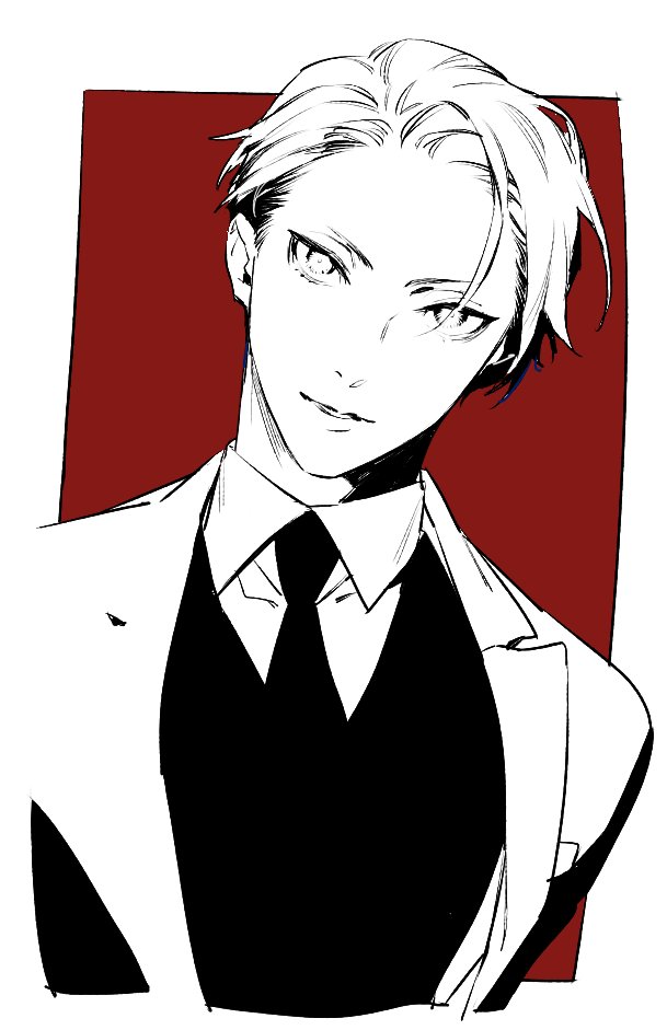 1boy collared_shirt expressionless greyscale_with_colored_background hatching_(texture) high_contrast jacket joker_game linear_hatching looking_at_viewer male_focus miyoshi_(joker_game) necktie parted_lips red_background shi646 shirt short_hair solo swept_bangs unfinished upper_body vest