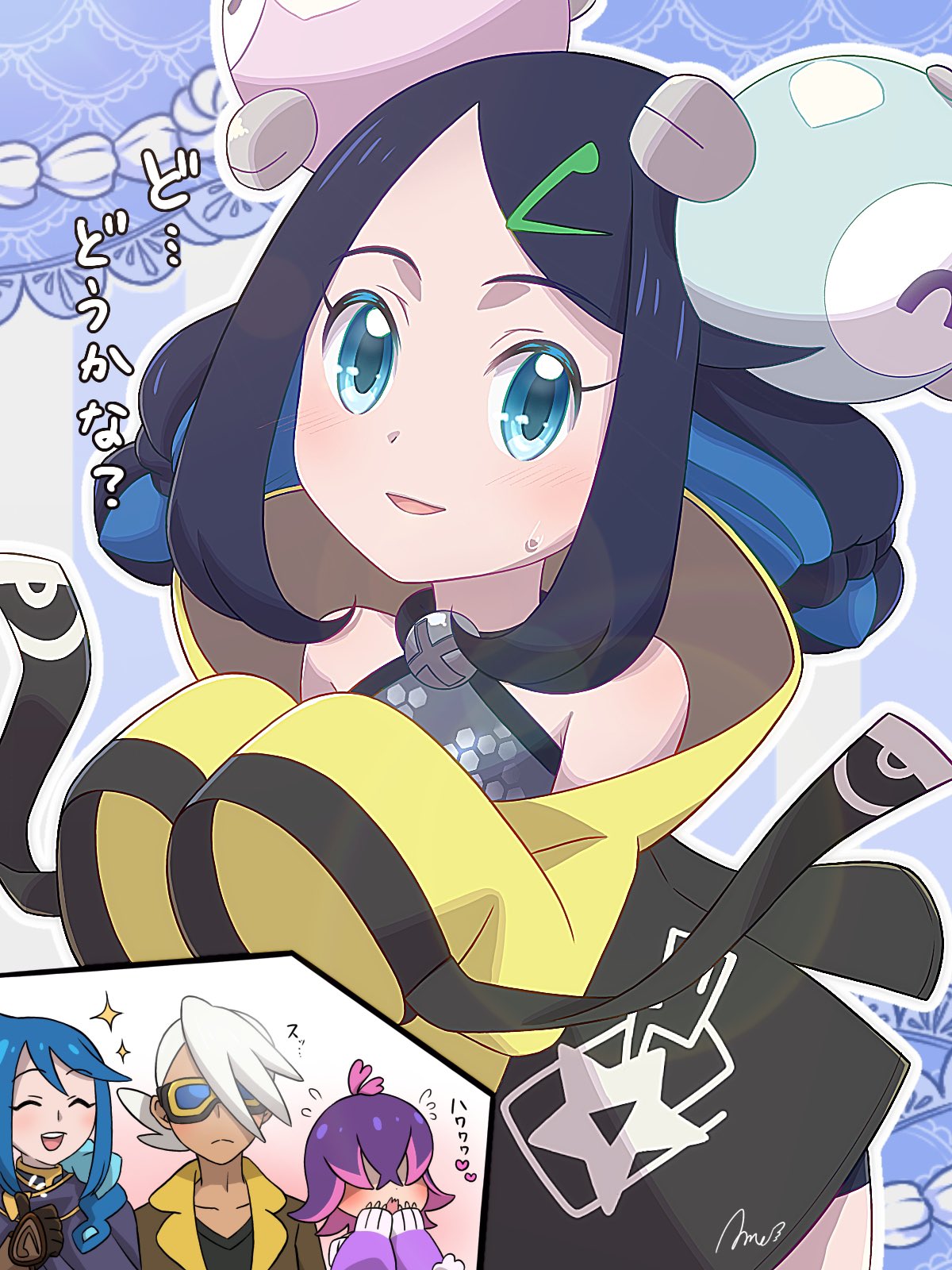 amedamaneko blush brown_jacket character_hair_ornament closed_mouth cosplay dot_(pokemon) friede_(pokemon) goggles goggles_on_head hair_ornament hair_over_eyes hairclip highres iono_(pokemon) iono_(pokemon)_(cosplay) jacket liko_(pokemon) long_hair long_sleeves looking_at_viewer lucius_(pokemon) multicolored_hair open_clothes open_mouth oversized_clothes pokemon pokemon_(anime) pokemon_horizons purple_hair shirt sleeves_past_fingers sleeves_past_wrists smile white_hair yellow_jacket
