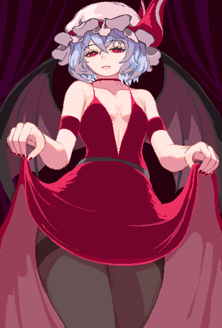 1girl armlet bat_wings black_pantyhose blue_hair choker curtains dress hat hat_ribbon holding holding_clothes holding_dress mob_cap nukekip open_mouth pantyhose pink_headwear pixel_art red_choker red_dress red_eyes red_nails remilia_scarlet ribbon sleeveless sleeveless_dress smile touhou wings