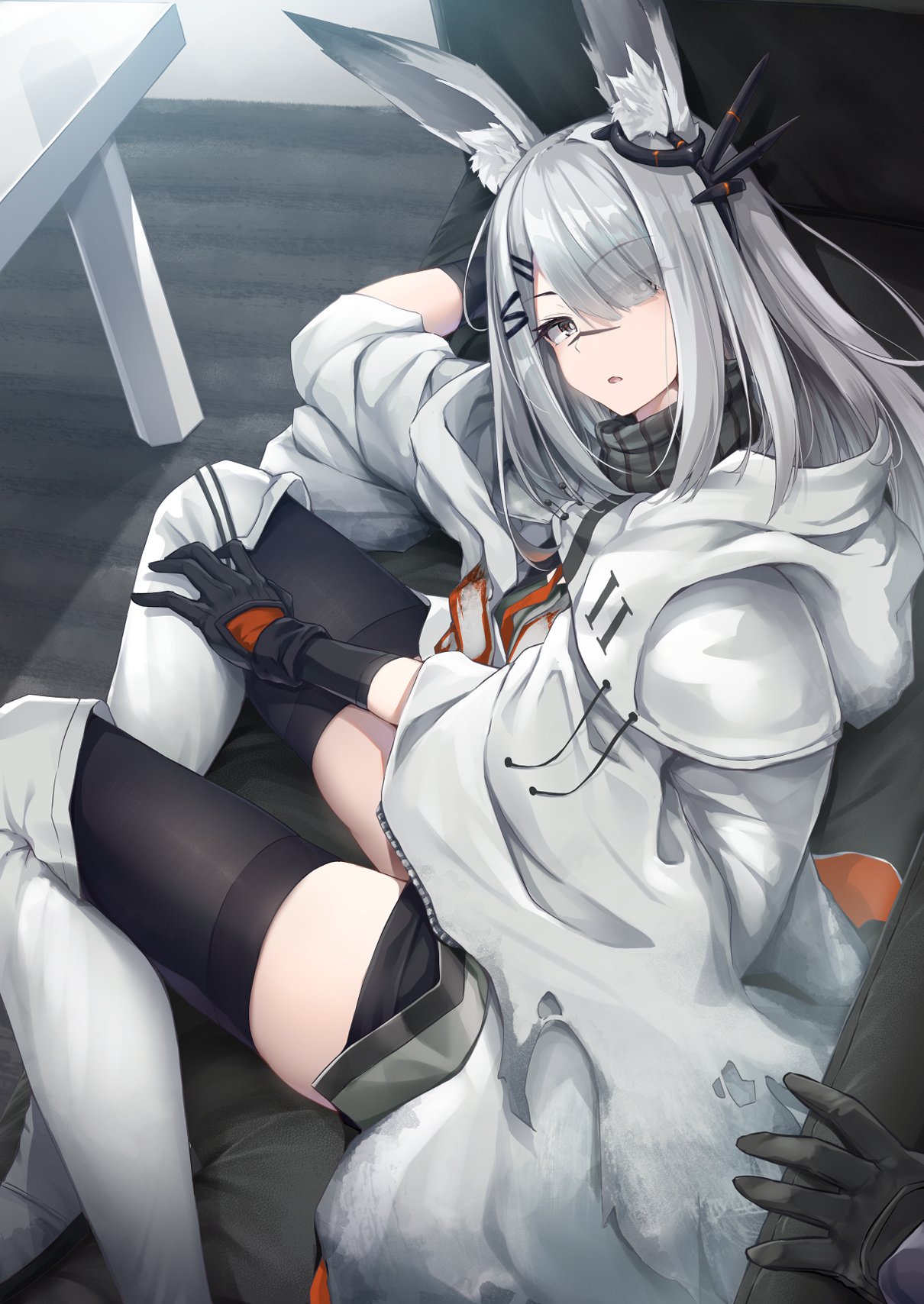 1girl animal_ear_fluff animal_ears arknights black_gloves black_skirt black_thighhighs cape couch ear_ornament eyes_visible_through_hair frostnova_(arknights) gloves grey_hair grey_scarf hair_ornament hair_over_one_eye hairclip highres hood hood_down hooded_cape indoors long_hair looking_at_viewer on_couch rabbit_ears rabbit_girl scar scar_on_face scar_on_nose scarf sitting skirt solo solo_focus table thigh-highs white_cape yuki_kawachi