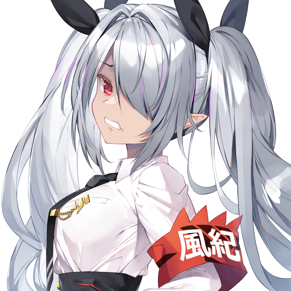 1girl armband black_gloves black_necktie black_ribbon blue_archive bucchake_(asami) clenched_teeth collared_shirt dark-skinned_female dark_skin frown gloves grey_hair hair_over_one_eye hair_ribbon iori_(blue_archive) long_hair looking_at_viewer necktie pointy_ears red_armband red_eyes ribbon shirt simple_background solo teeth twintails upper_body white_background white_shirt