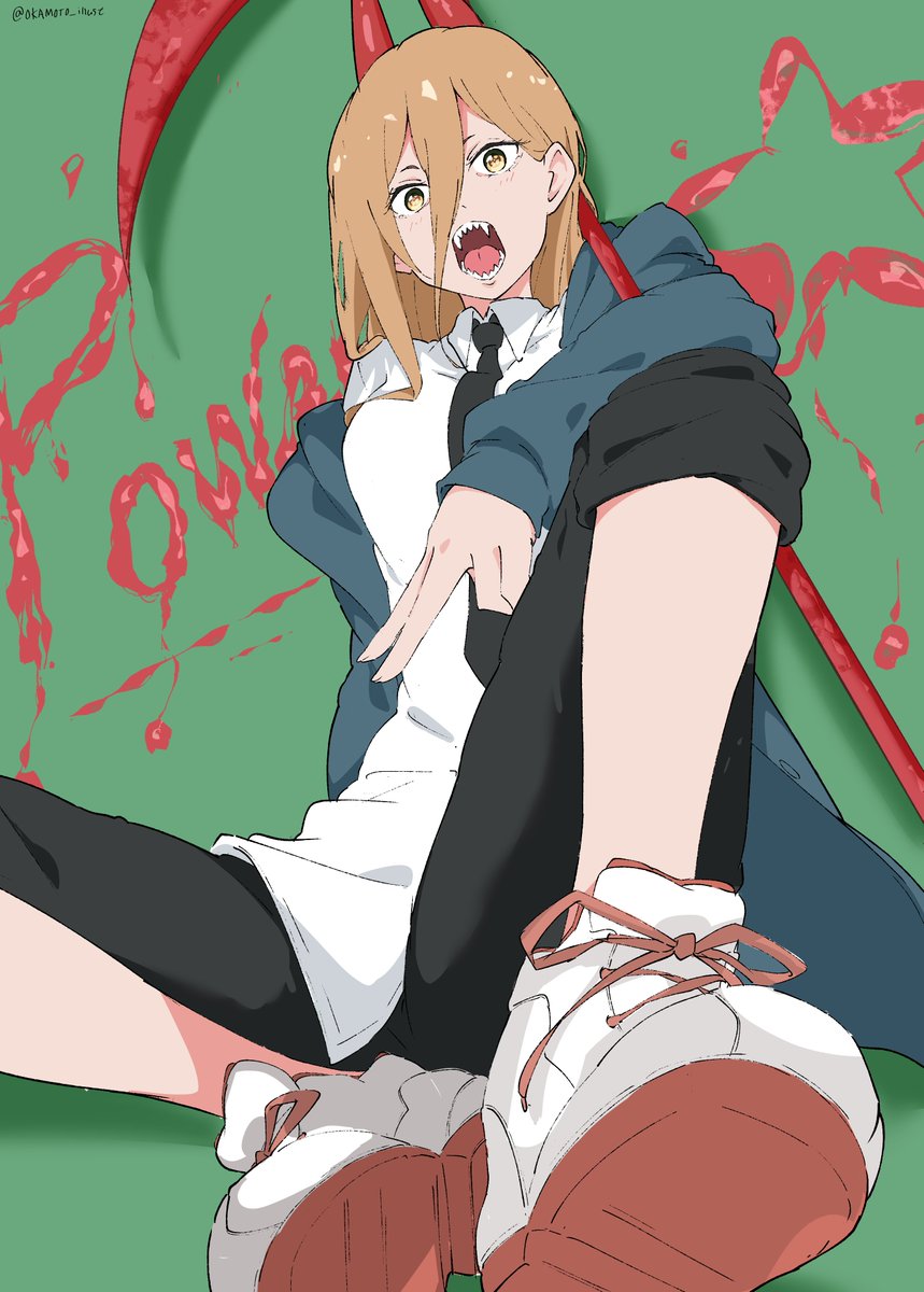 1girl black_necktie black_pants blonde_hair breasts chainsaw_man character_name collared_shirt cross-shaped_pupils demon_girl demon_horns english_text from_below grey_sweater hair_between_eyes highres horns large_breasts long_hair long_sleeves looking_at_viewer necktie off_shoulder on_floor open_mouth pants pants_rolled_up power_(chainsaw_man) red_horns ringed_eyes scythe sharp_teeth shirt shirt_partially_tucked_in shoes sneakers star_(symbol) sweater symbol-shaped_pupils teeth white_gorilla_(okamoto) white_shirt yellow_eyes